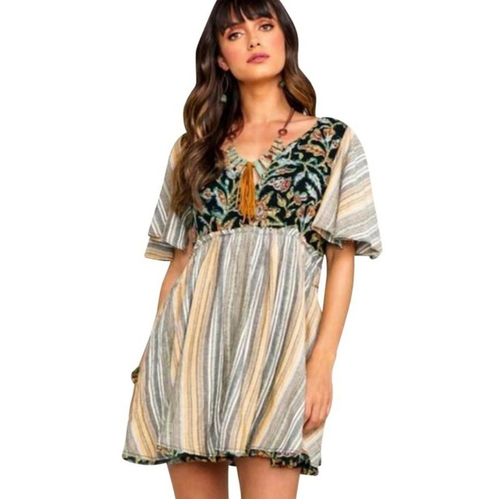 Free People Women’s Multicolor Bohemian Paisley Floral Striped Plunge Mini Dress